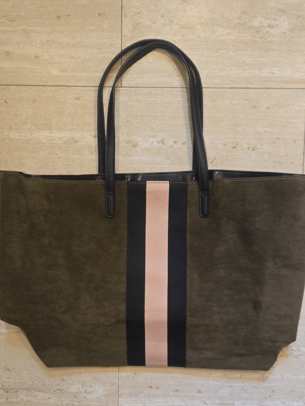 Olive Suede Tote with Black/Pink Stripe
